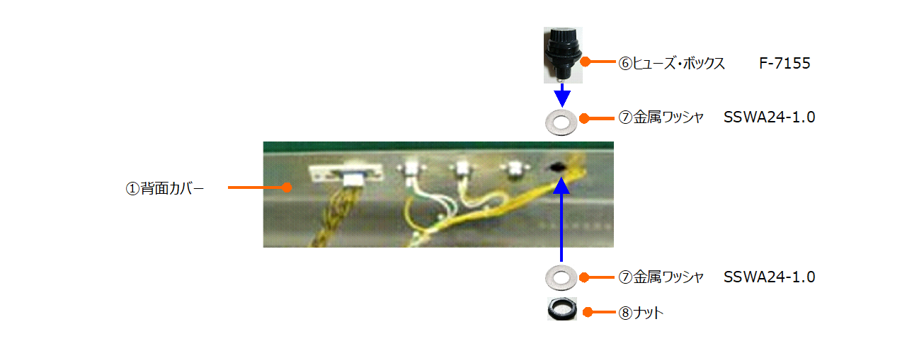 図6：ヒューズ・ボックス F-7155 の組立図（ナット固定位置を含む）